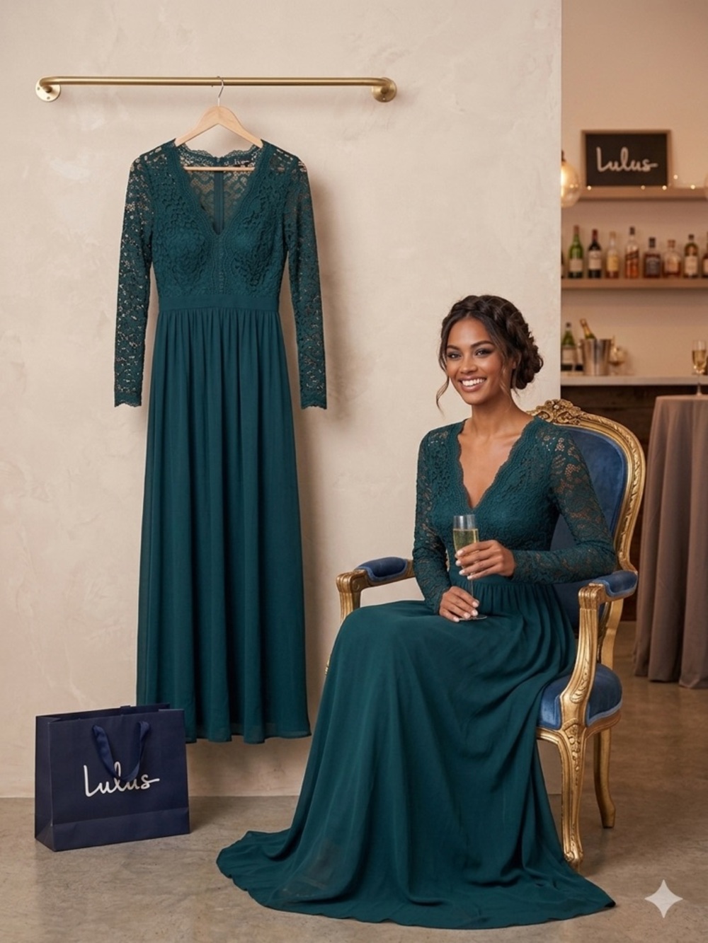 Lulu's Teal Lace Long Sleeve Midi-to-Max Dress